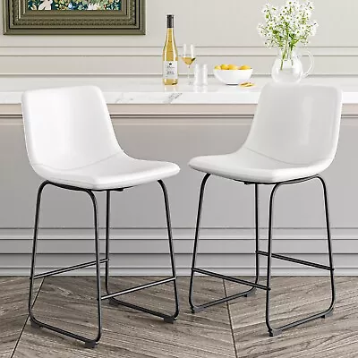 26in Bar Stools Set Of 2 Counter Height With Back PU Leather Dining Chairs White • $94.99