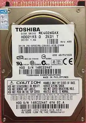 TOSHIBA 40 GB Interna 2.5  16 MB IDE 5400 RPM MK4026GAX Hard Disk Drive HDD • £9.48