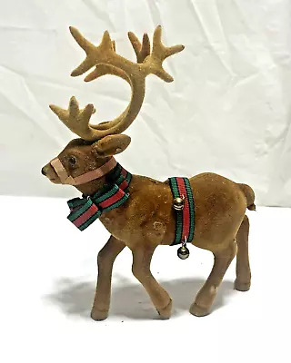 Vintage Flocked Deer / Reindeer ~ 6” Tall X 4 1/2” Long ~ W/ Bells & Ribbons • $14.99