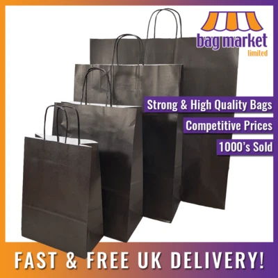 £8.99 • Buy Strong Black Twisted Handle Ribbed Paper Carrier Bags | With/Kraft/Gift/Party