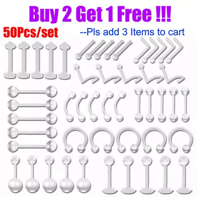 50Pcs Clear Nose Ring Acrylic Lip Ear Eyebrow Studs Belly Button Ring Retainer • $9.99