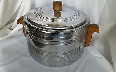 Antique Bean Pot Stoneware Crock Heller Metal Cased Thermal Wood Handle Art Deco • $75.57