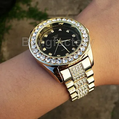 Men Hip Hop Iced Black Dial Gold PT Migos Bling BIG Simulated Diamond Watch • $26.99