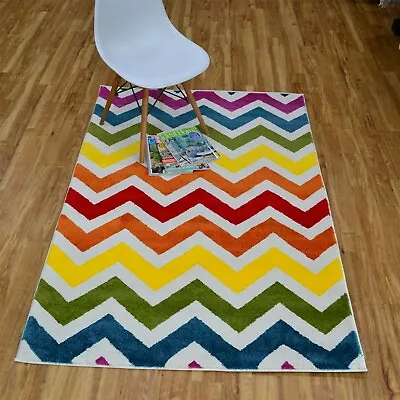 Quality Modern Soft Multi Coloured Rug 120cm X 170cm Zig Zag Rug Bright Rug (D) • £51.99