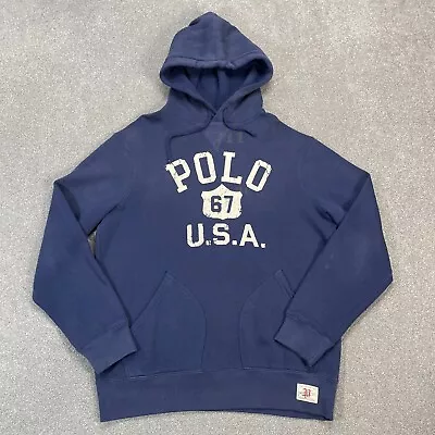 Polo Ralph Lauren Jumper Adult Medium Blue USA Spellout 1967 Pullover Hoodie Men • £36.99