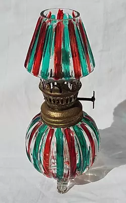 Clear Glass W/ Red & Green Stripes Vintage Miniature Oil Lamp 6 1/2  Tri-footed • $15