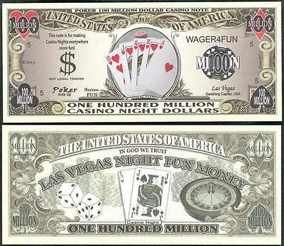 POKER / ROYAL FLUSH CASINO NIGHT 100 MILLION DOLLAR BILL - Lot Of 10 BILLS • $5.49