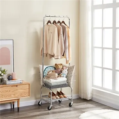 $106.99 • Buy Heavy Duty Garment Organizer Laundry Cart With Storage Basket Double Pole Rack