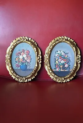 Set Of 2 Vintage Oval Wood Composite GOLD Tone Frames Floral Bouquet Prints • $40