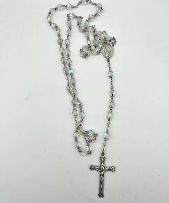 Vintage Chapel Sterling Silver Crystal Beads Crucifix Cross Mary Rosary Necklace • $35