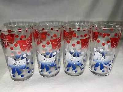 Vintage Federal Glass Co Set 4 Blue Ribbon Bow Patriotic Drinking Glasses 4 3/4” • $19.99