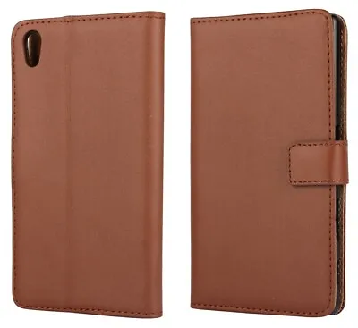 $15 • Buy For Sony Xperia Z5, Brown Genuine Real Leather Wallet Card Slot Case Cover