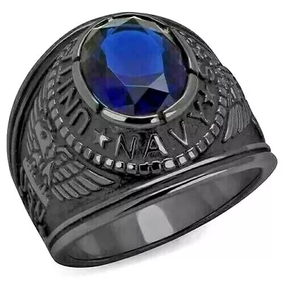 United States Navy USA USN Black Stainless Steel Veteran Blue CZ Ring US Seller • $15.79