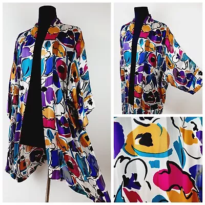 Pure Silk Kimono Open Jacket Vintage 80s Robe Dressing Gown Size 12 14 16 18 20 • £18.99