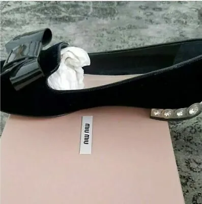 Miu Miu Jewel Heel Patent Black Leather Bow Flats MSRP 775$ Sz 37.5 Or 7/7.5 US • $385