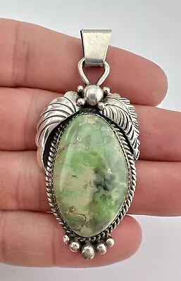 Vtg Navajo Sterling Silver Green King's Manassa Turquoise Stamped Pendant 2.5  • $149