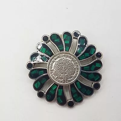 Taxco 925 Sterling Silver Mexico Malachite Mayan Calendar Brooch/Pendant • $12