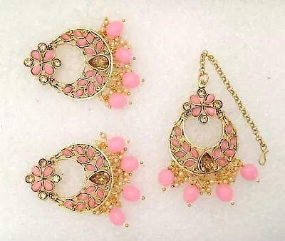 New Bridal Maang Tikka Earrings Set Bollywood Kundan CZ Gold Tone Indian Jewelry • $23.64