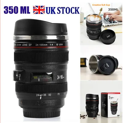 350mL Camera Lens Shape Coffee Mug W/ Lid Vacuum Flasks Thermal Tea Cup Bottle • £9.88