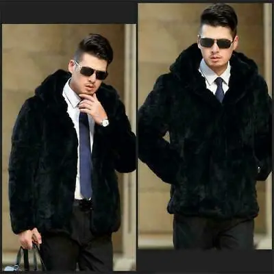 Fashion Mens Winter Warm Real Rabbit Fur Black Coat Jacket Hoodie Outwear D808 • $78.58