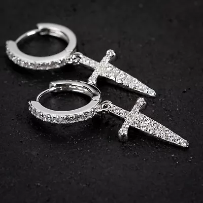 Iced Sterling Silver CZ Small Dagger Sword Cross Dangle Drop Hoop Earrings • $17.99