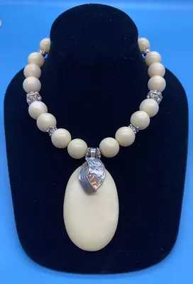 Faux Bone Bead Necklace  Ethnic Look  W/Silver-Tone Chunky Beads & Pendant VTG • $24.45