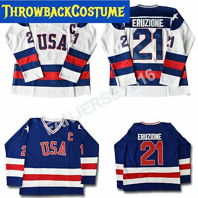 #21 Mike Eruzione 1980 Miracle On Ice USA Hockey Jersey WHITE And Blue S-2XL • $39.97