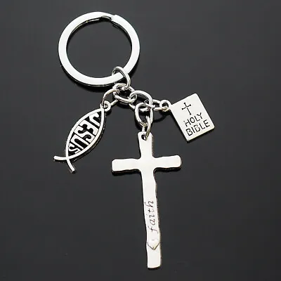 $6.19 • Buy Rugged Cross Faith Believe Jesus Fish Christian Holy Bible Charms Keychain Gift