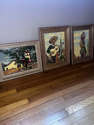 Vintage Lot Of 3 Paint By Numbers Vibrant Spanish Southwest Style Mcm Framed • $349.99