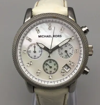 Michael Kors Watch Women Silver Tone Chronograph Date Leather Band New Battery • $41.24