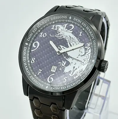 Men's ED HARDY All Stainless Steel Watch Purple Carbon Fiber Dial Date 48mm • $59.99