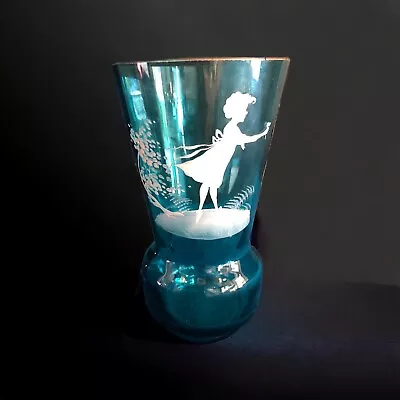 Mary Gregory Glass Tumbler Hand Painted Flower Posy Aqua Blue  • $28