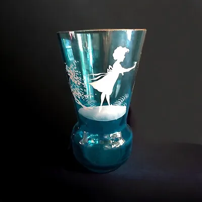 Vintage Mary Gregory Glass Hand Painted Flower Posy Vase Aqua Blue 6” • $24.80