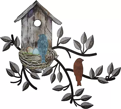 Birds Wall Decor Metal Tree With Birdhouse Wall Art Hanging Outdoor Wall Brown • $13.85