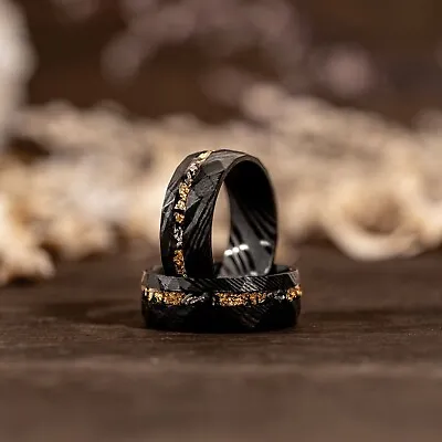 Damascus Meteorite & Crushed Gold Leaf Men Wedding Band Black Hammered Ring • $104.99