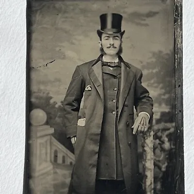 Antique Tintype Photograph Handsome Very Dapper Man Top Hat Coat Mustache • $154.95