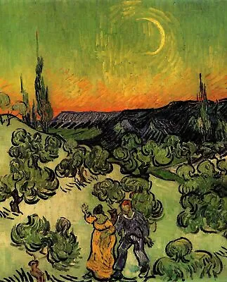 Landscape With Couple Walking And Crescent Moon By Vincent Art Painting Print • $9.99