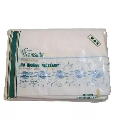 Vtg Wamsutta Embroidered Double Flat Sheet 1960s Made USA MCM White Blue NOS  • $22.95