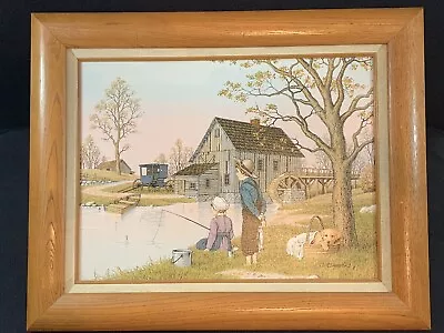 VINTAGE! C. Carson Children Fishing Oil Print Framed Canvas Size 12” X 16” Wood • $49.96