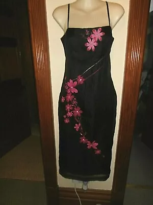 Karen Millen Black Silk Dress With Pink Flowers Size 8 • £12.99