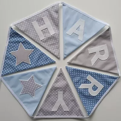 £2.25 • Buy Personalised Blue, Grey & White Fabric Bunting ~ Name /Baby Boy / Nursery / Kids
