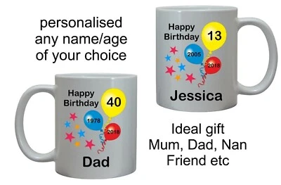 13th 16th 18th 21st 25th 30th 40th ANY AGE PERSONALISED MUG CUP BIRTHDAY GIFT • £10.95