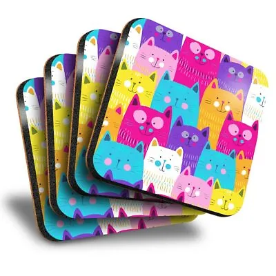 £7.99 • Buy Set Of 4 Square Coasters - Colourful Cats Cartoon Cat Print  #13233