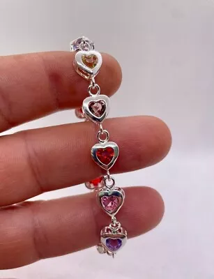 Multi Color Heart Chain Bracelet 925 Sterling Silver 8” Adjustable • $15.19