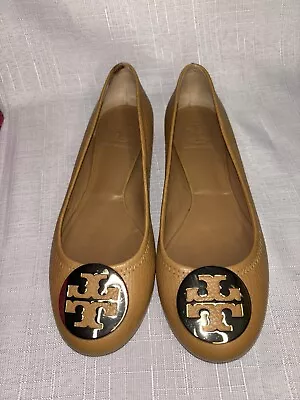 Tory Burch Reva Ballet Tumbled Leather Shoes Royal Tan Size 6.5 Gently Worn • $70