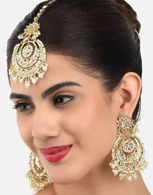 Indian Maang Tikka Earrings Gold Tone Kundan Bollywood Wedding Women Jewelry Set • $18.04