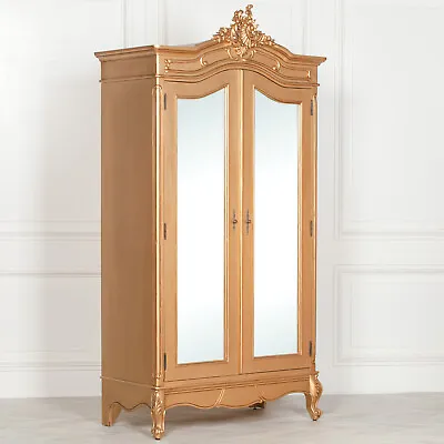 French Style Wooden Gold Carved Double Door Full Mirrored Armoire Wardrobe • £954.99