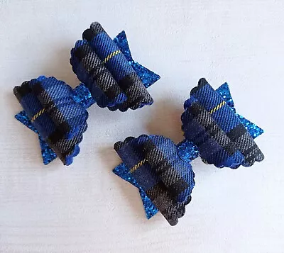 Handmade Set Of 2 School Hair Bows In Royal Blue Tartan Fabric/glitter..(clips) • £8