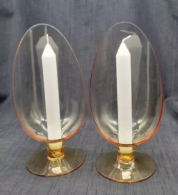 2 Vtg Maleras Sweden Peach Color Blown Glass Hurricane Chimney Candlesticks 9  • $59.99