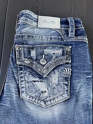 Miss Me Jeans Curvy Ankle Skinny Size 34 Blue Premium Embellished Stretch Denim • $34.95